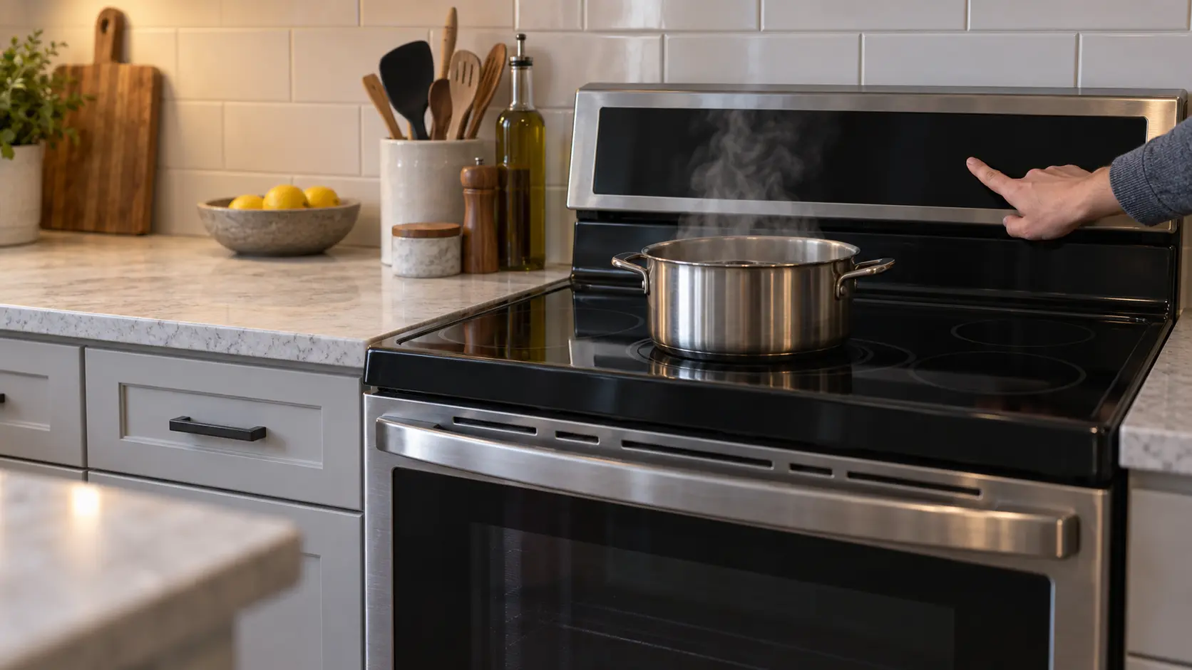 The backguard of a slide-in range in a US home kitchen with a dark touch control panel, a fingertip pressing a key that stays unlit while steam rises from a pot on the burner below.