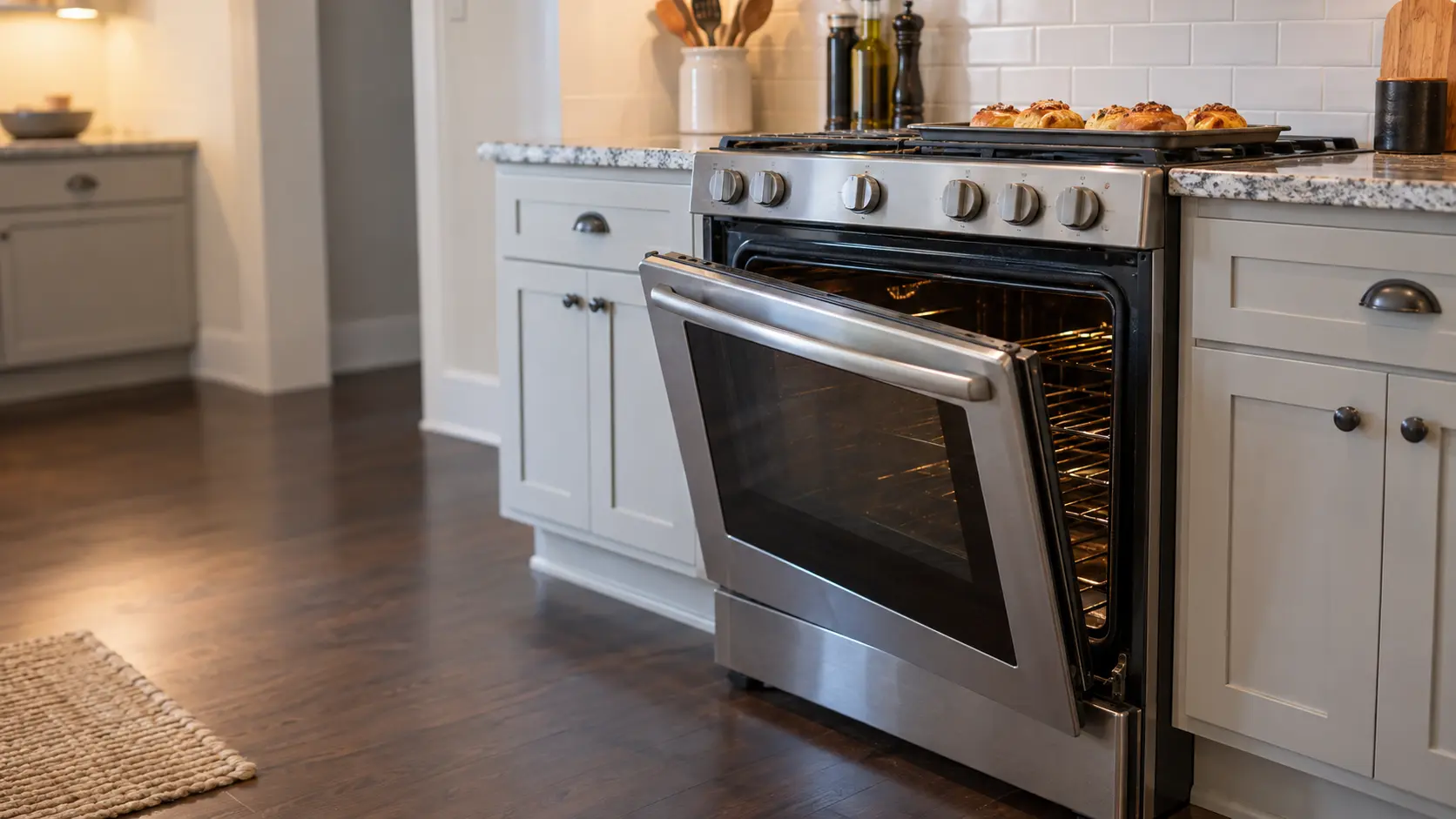 A freestanding range in a US home kitchen with its oven door hanging slightly open and tilted, one hinge visibly lower than the other, a baking sheet of pastries left on the range top.