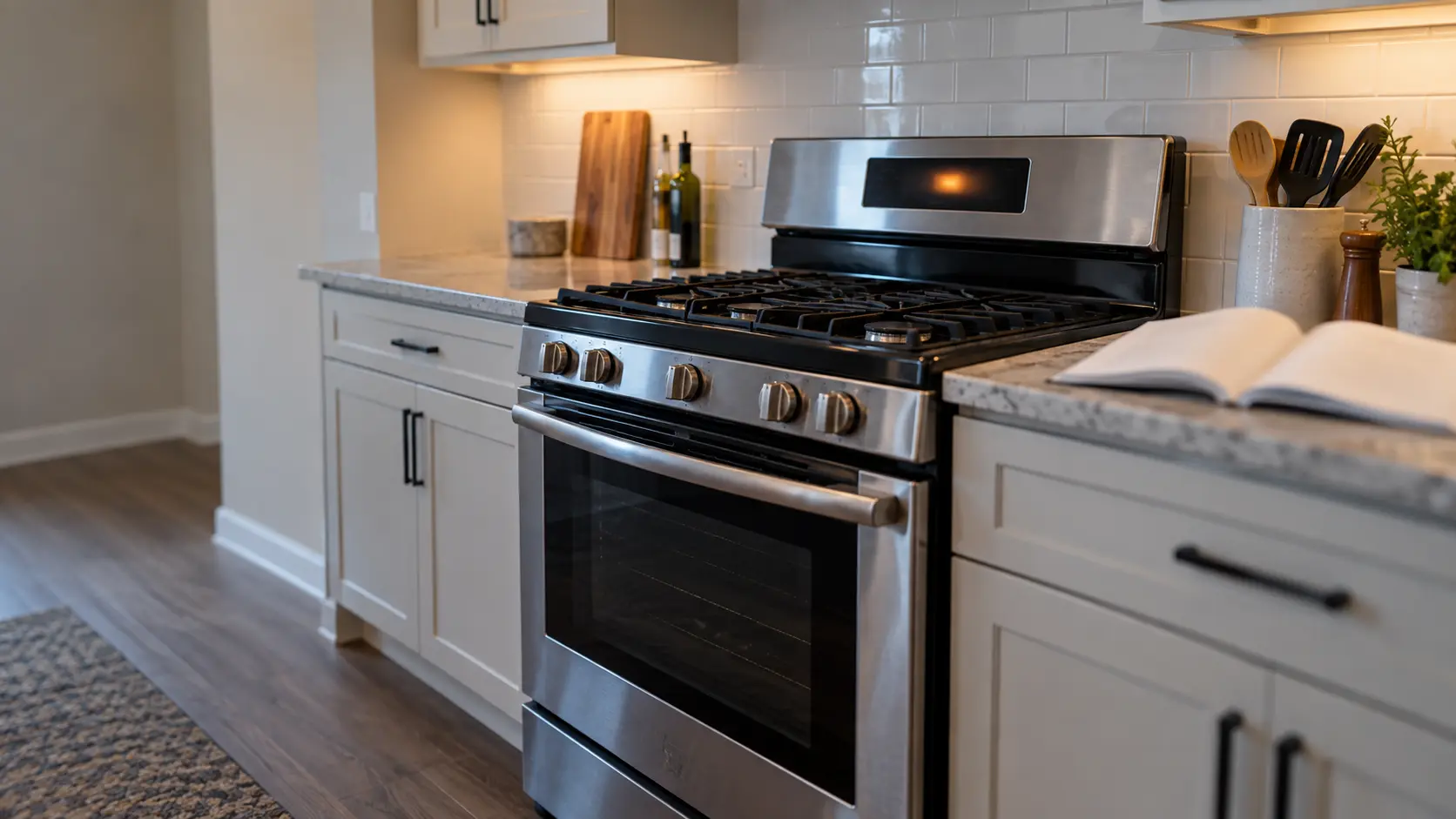 The glowing display on the backguard of a freestanding range in a US home kitchen showing a blurred, unreadable code, an owner's manual lying open on the counter beside it with its pages out of focus.
