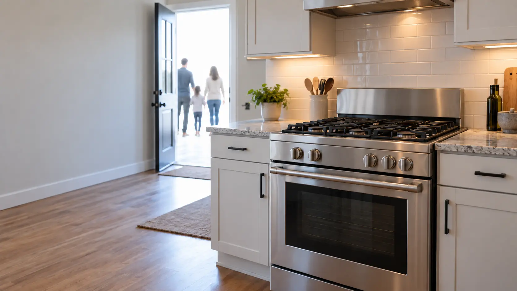 An empty US home kitchen with a freestanding stainless gas range, every burner unlit and the grates bare, the back door standing open to a bright yard where the family waits together.