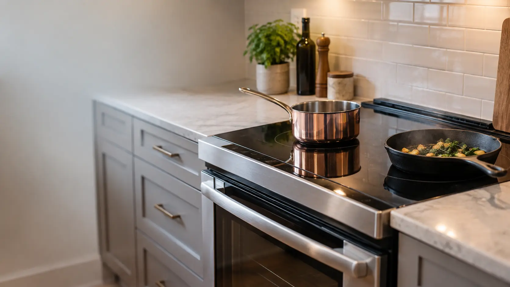 A black glass induction range top in a US home kitchen, a shiny copper saucepan sitting on an unlit zone next to a dark cast iron skillet that is heating on the neighboring zone.