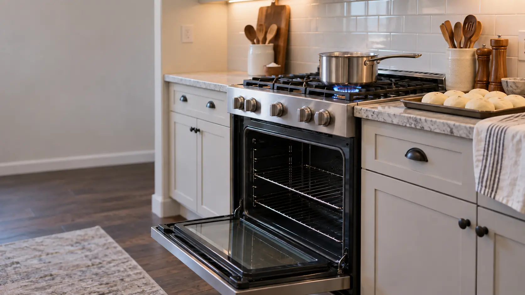A freestanding gas range in a US home kitchen with a pot simmering on a lit front burner and the oven door open on an empty cold oven, a pan of unbaked dinner rolls waiting on the counter.