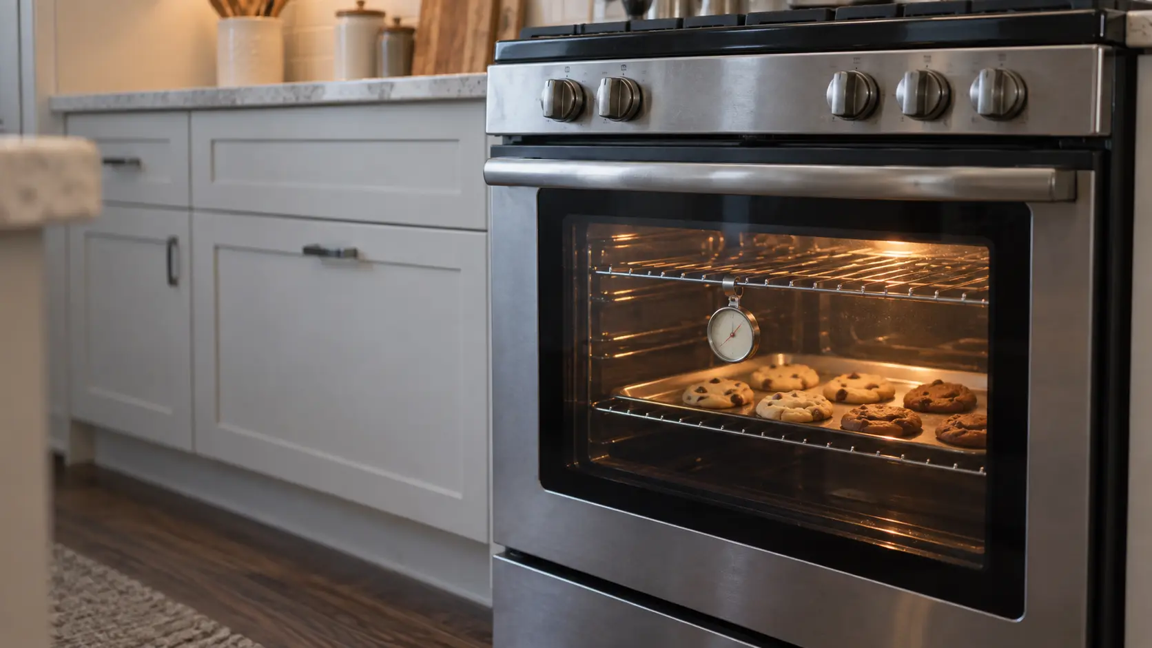 A small oven thermometer hanging from the center rack inside the lit oven of a freestanding range in a US home kitchen, seen through the door window beside a tray of cookies browning unevenly.
