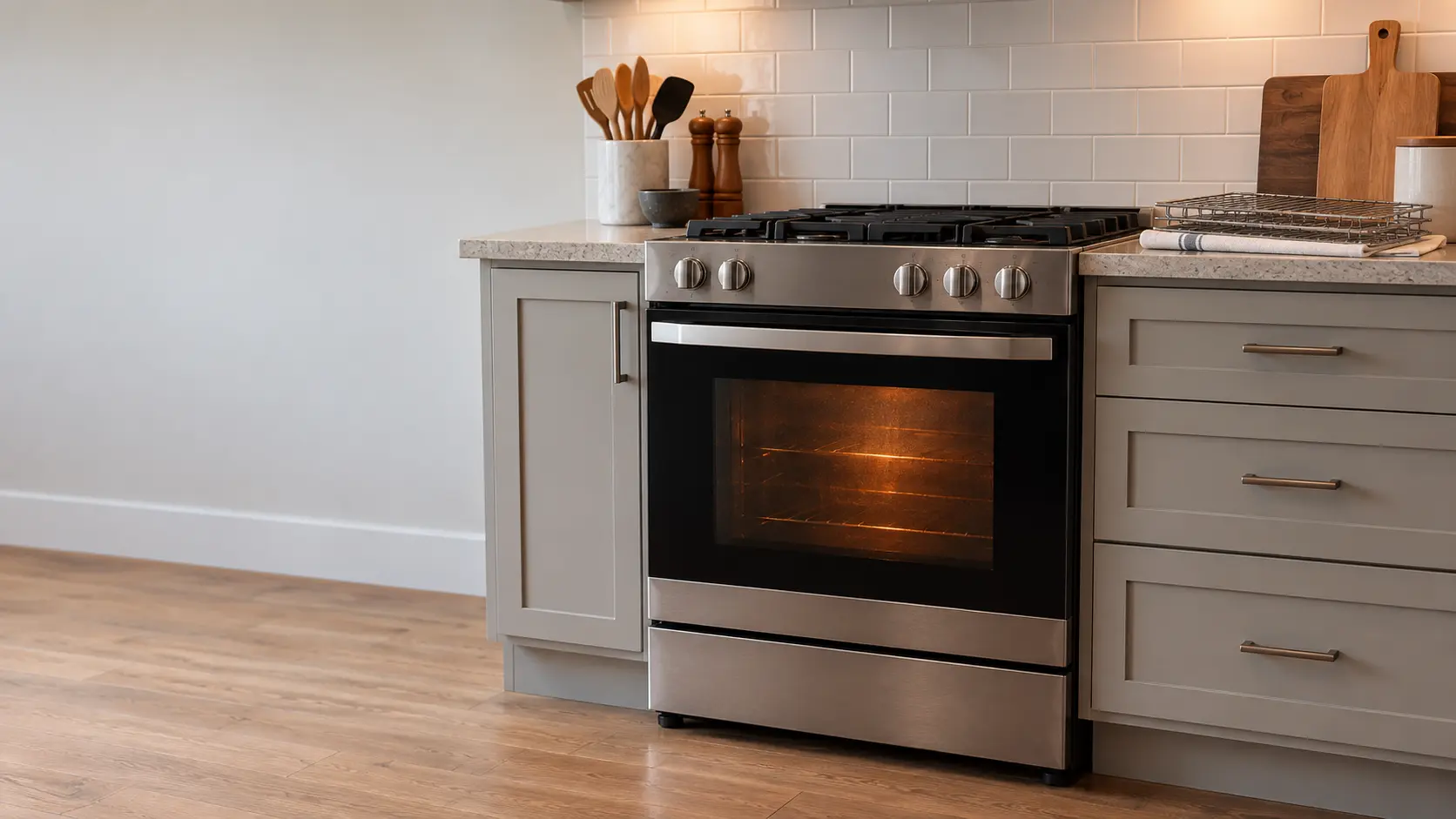 A freestanding range in a US home kitchen running its self-clean cycle, the oven door closed and latched with a faint glow behind the dark window, the oven racks stacked on a towel on the counter.