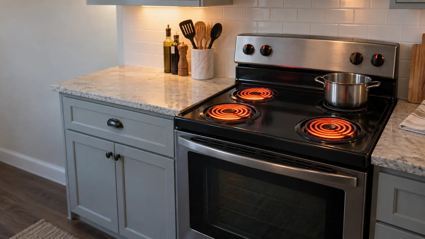A freestanding electric coil range in a US home kitchen with three coils glowing orange and the fourth dark and cold under a pot of water, every knob turned on.