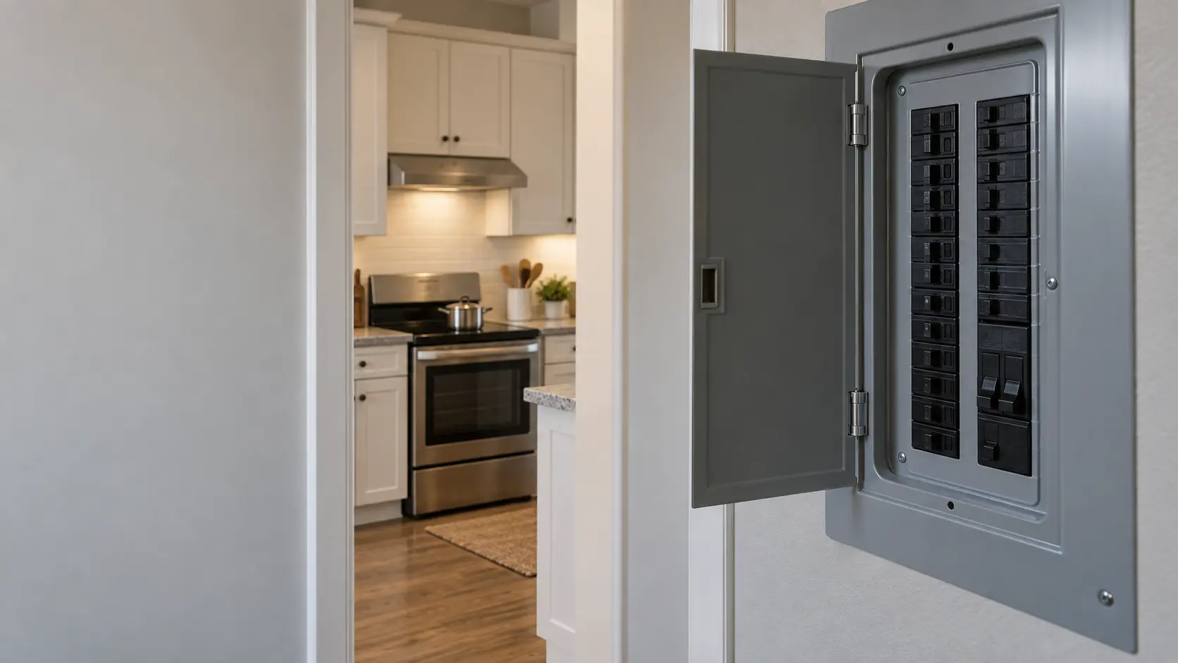 A hallway electrical panel in a US home with its door open and one large double breaker flipped off, a freestanding electric range visible through the doorway in a quiet kitchen with a pot of pasta water sitting cold on it.