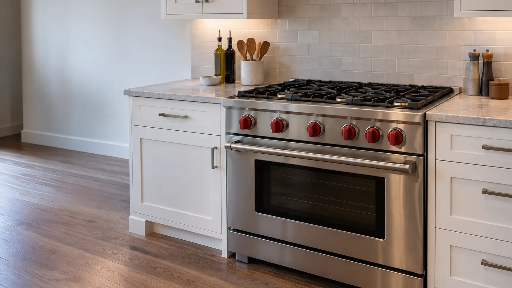 A wide stainless pro-style dual-fuel range with red knobs and six burners under heavy grates sits in a US home kitchen with white shaker cabinets.