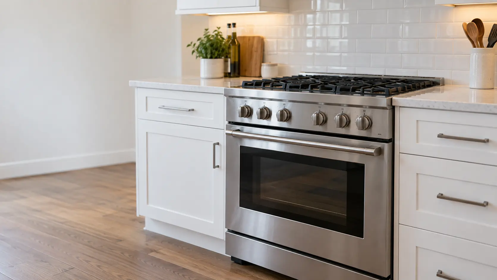 A freestanding stainless gas range with heavy black cast-iron grates stands between two runs of white cabinets in a US home kitchen.