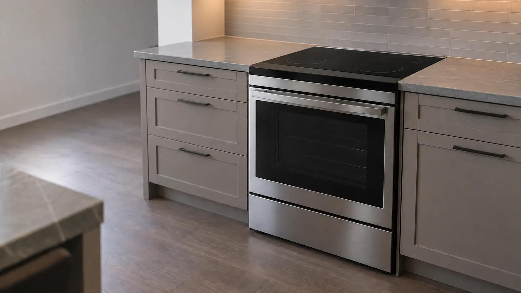 A slide-in induction range with a black glass top and touch controls along the front edge sits flush between gray quartz counters in a US home kitchen.