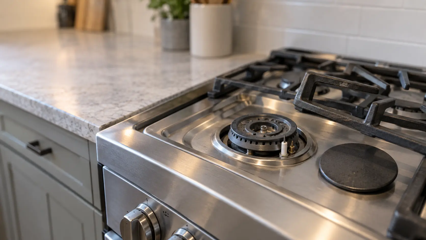 A sealed gas burner on a range with its cap and grate lifted away, the white ceramic igniter standing beside the ring of burner ports.