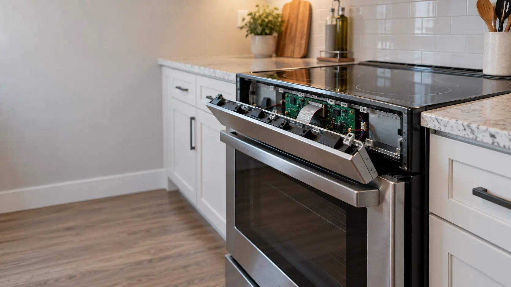 The underside of a range's control panel tipped forward with its cover off, a flat ribbon cable running from the display to the main board.