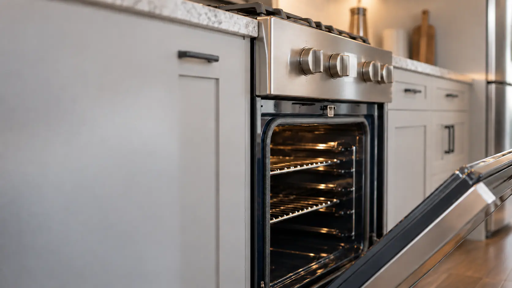 The top edge of a range oven's front frame with the door lowered, the slot of the latch and its metal hook just visible.