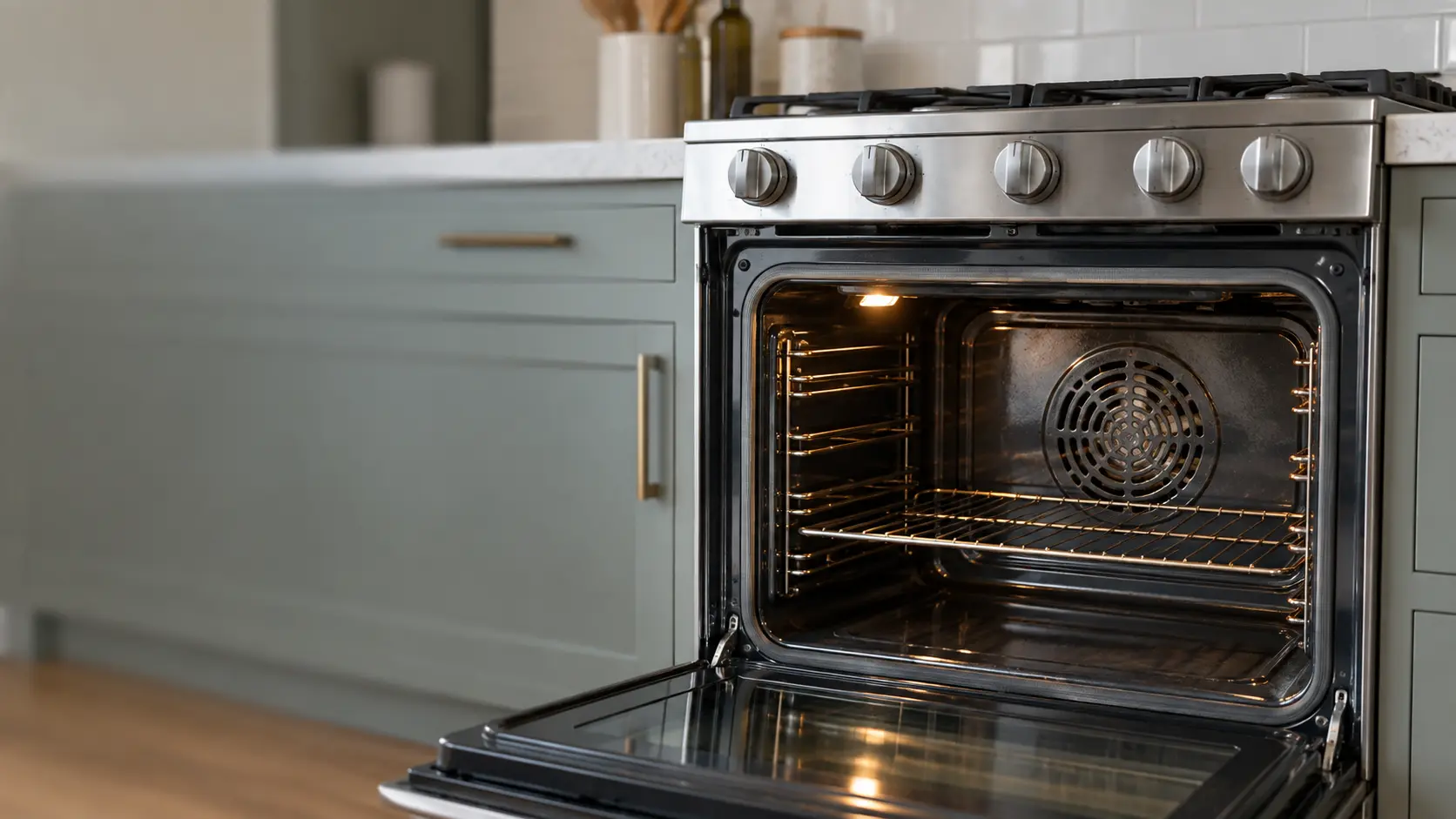 The round slotted cover on the back wall of a convection range's oven, the blades of the fan faintly visible behind it.