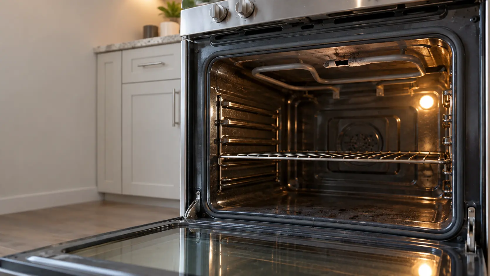 The inside of a range's oven with the door wide open, the broil element across the cavity ceiling showing a split, blackened section in one loop.