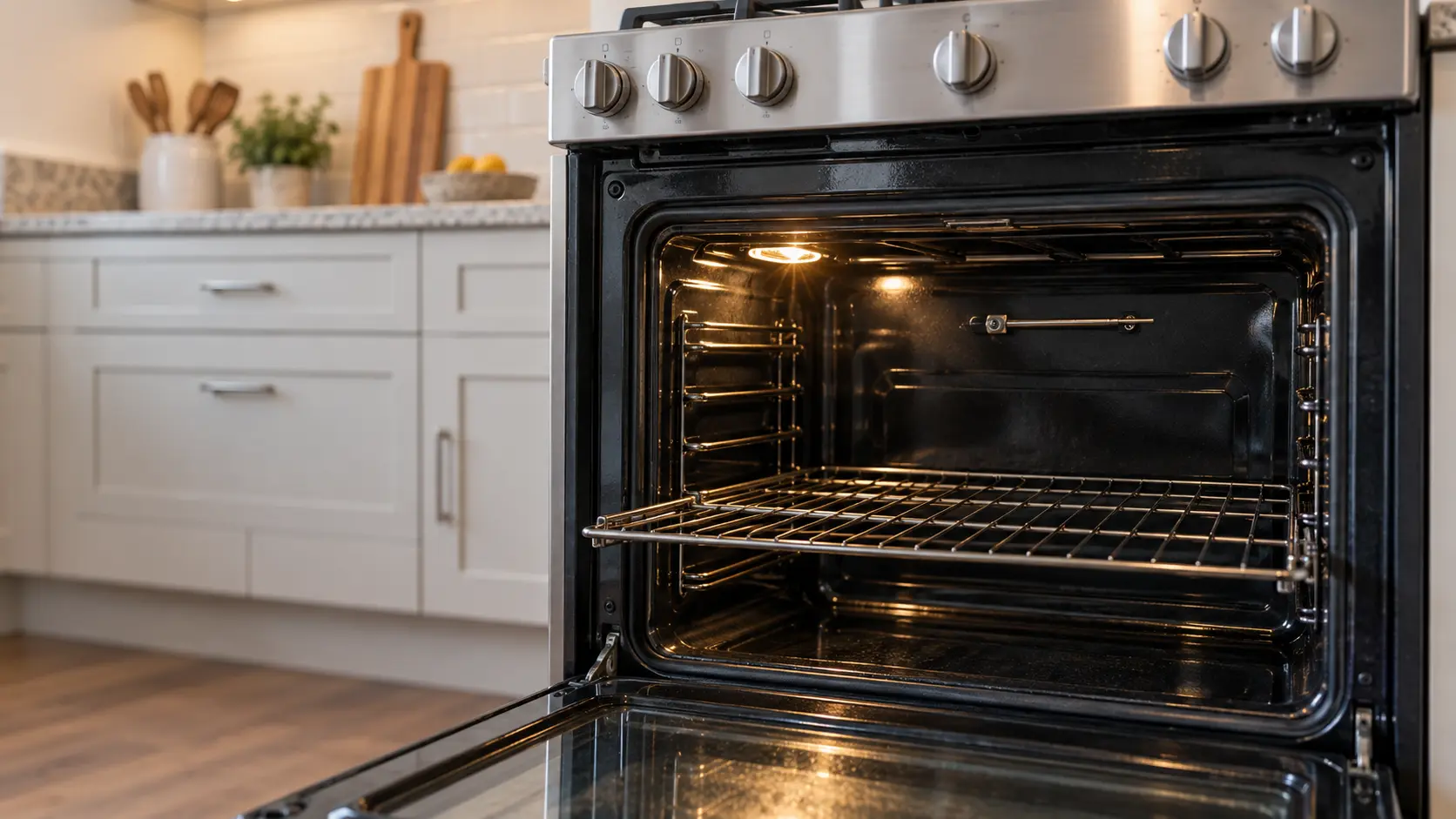 The thin oven temperature sensor held by two screws high on the back wall of an empty range oven, a rack slid out below it.