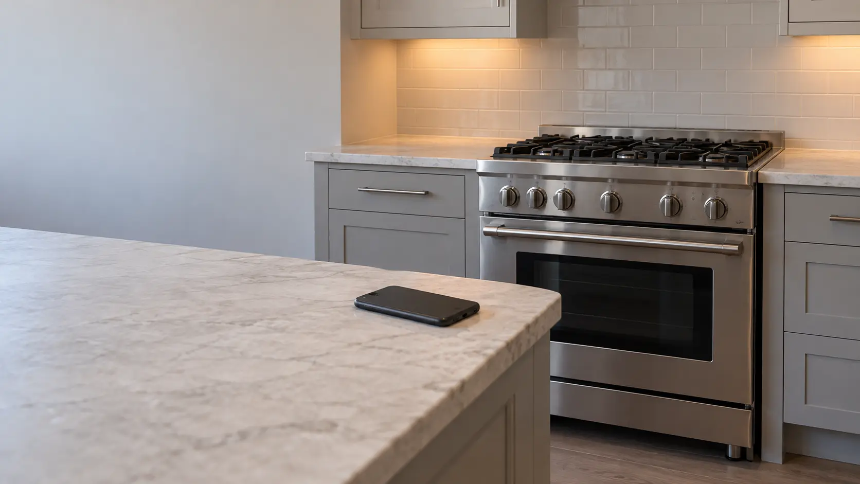 A kitchen counter with a phone lying face down beside a closed range, soft daylight.