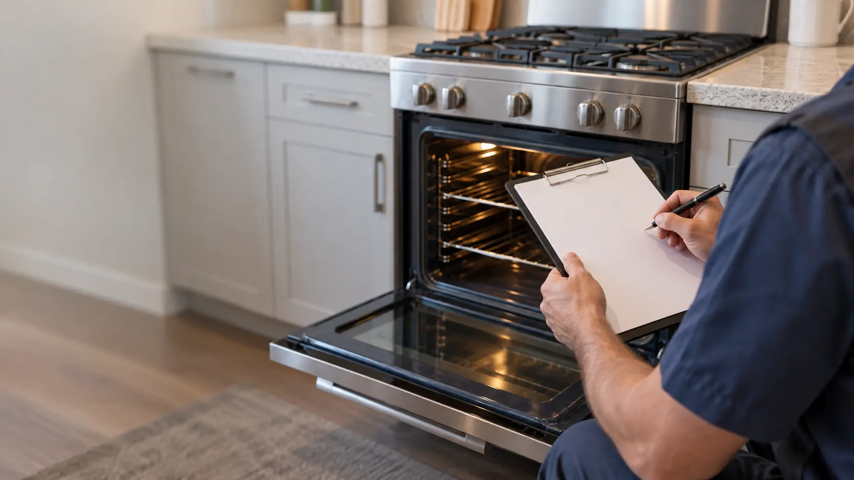A technician writing on a blank clipboard beside a range with its oven door open, the page empty of any writing.