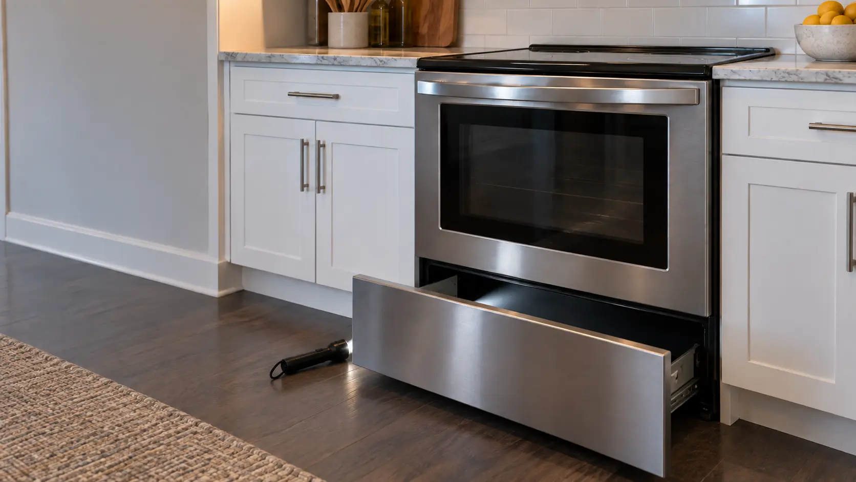 A slide-in electric range fitted between white cabinets in a US home kitchen, its storage drawer pulled fully open and a flashlight lying on the floor beside it, its beam pointed into the dark space beneath the range.