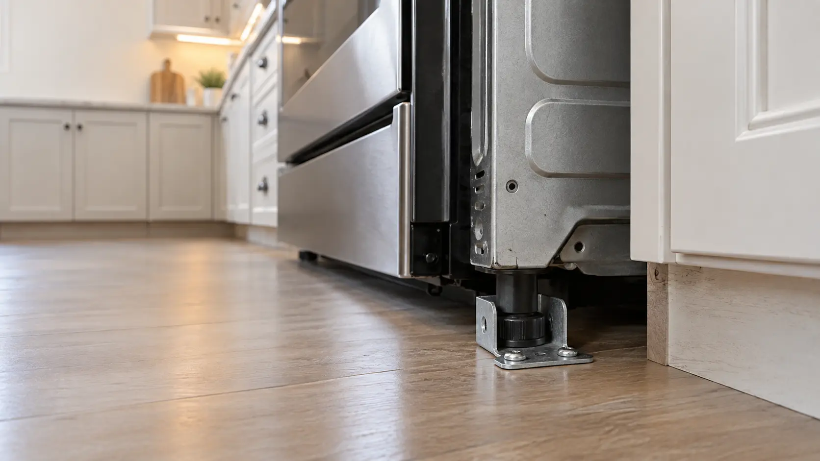 Close on the back leg of a range sitting in an anti-tip bracket screwed to the floor.