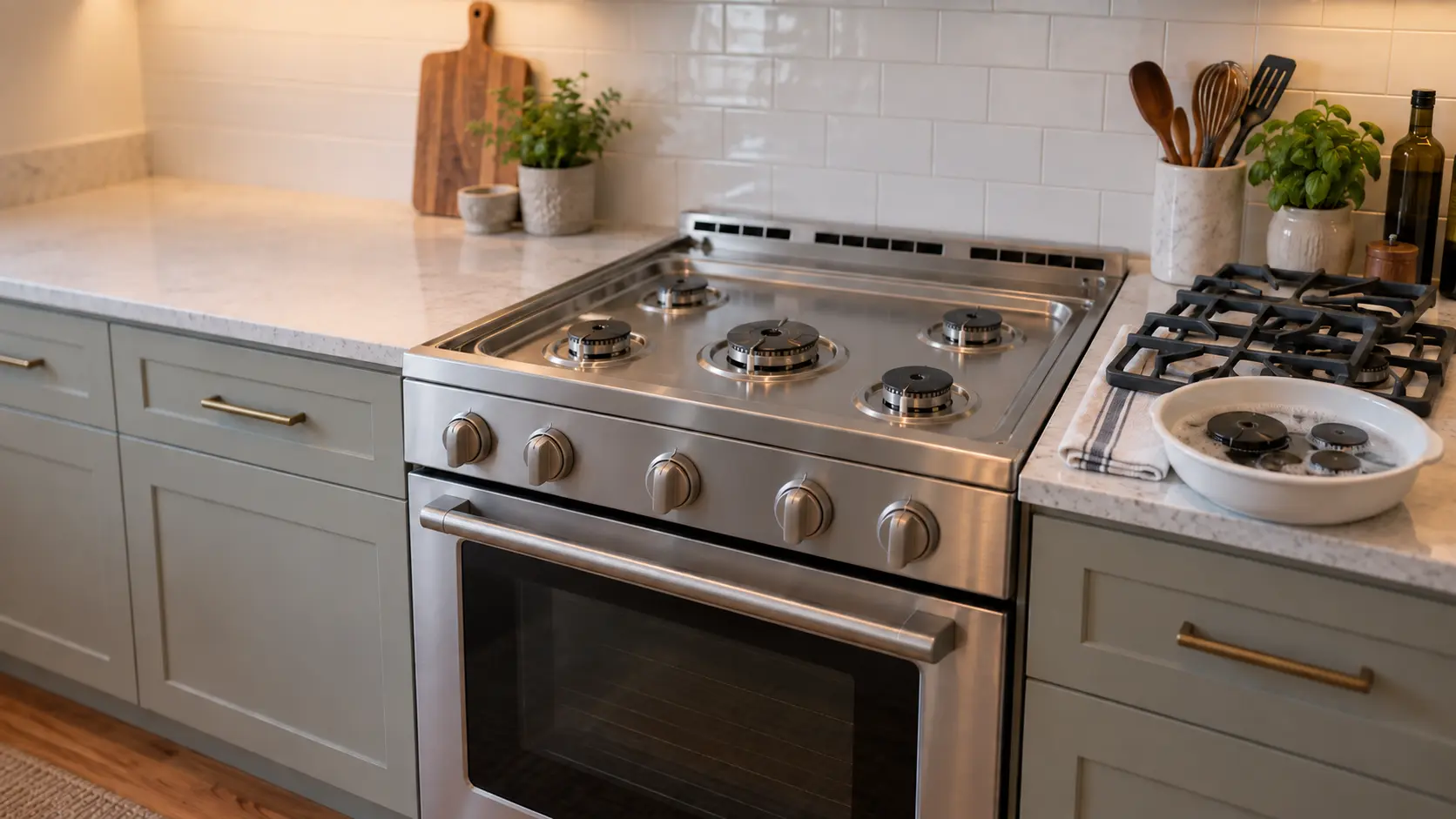 A freestanding gas range in a US home kitchen with its cast-iron grates lifted off and resting on a folded towel on the counter, the burner caps soaking in a shallow bowl of soapy water beside them, and every knob set to off.