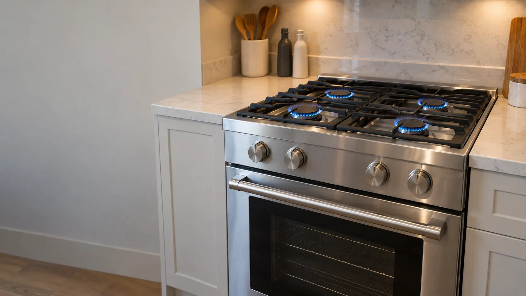 A freestanding gas range in a US home kitchen with its grates set back in place and four clean burner caps sitting flat, each burner lit in an even ring of small blue flames.
