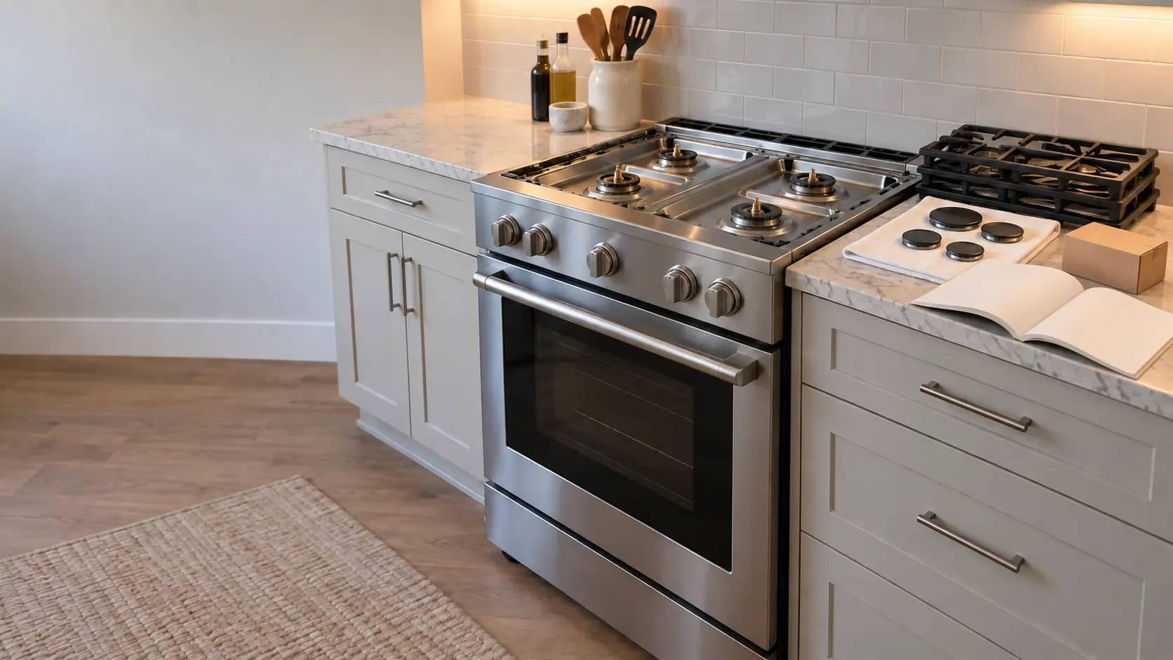 A freestanding gas range in a US home kitchen with its grates lifted aside and the burner caps set neatly on a towel, a small plain cardboard parts box and an open installation booklet resting on the counter beside it.
