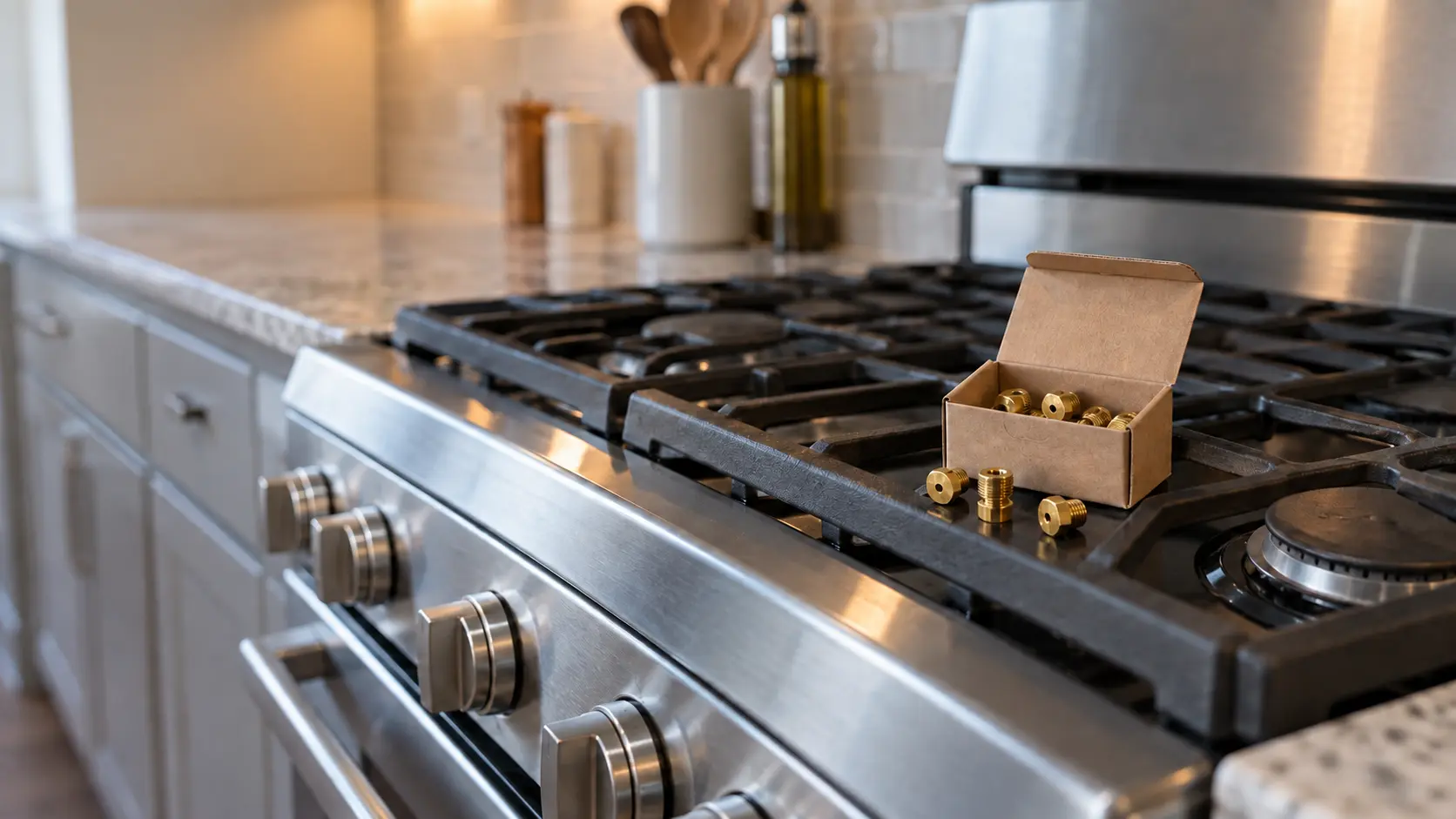 Close on a small labeled cardboard holder of spare brass burner orifices lying on a range top.