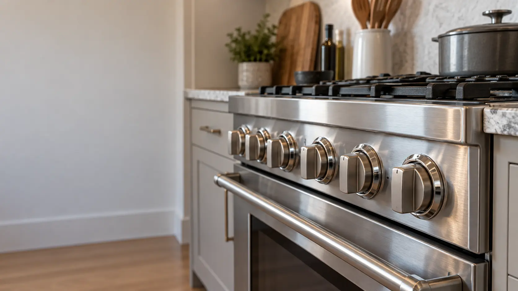 Close on the heavy knobs and chrome bezels of a pro-style dual-fuel range.