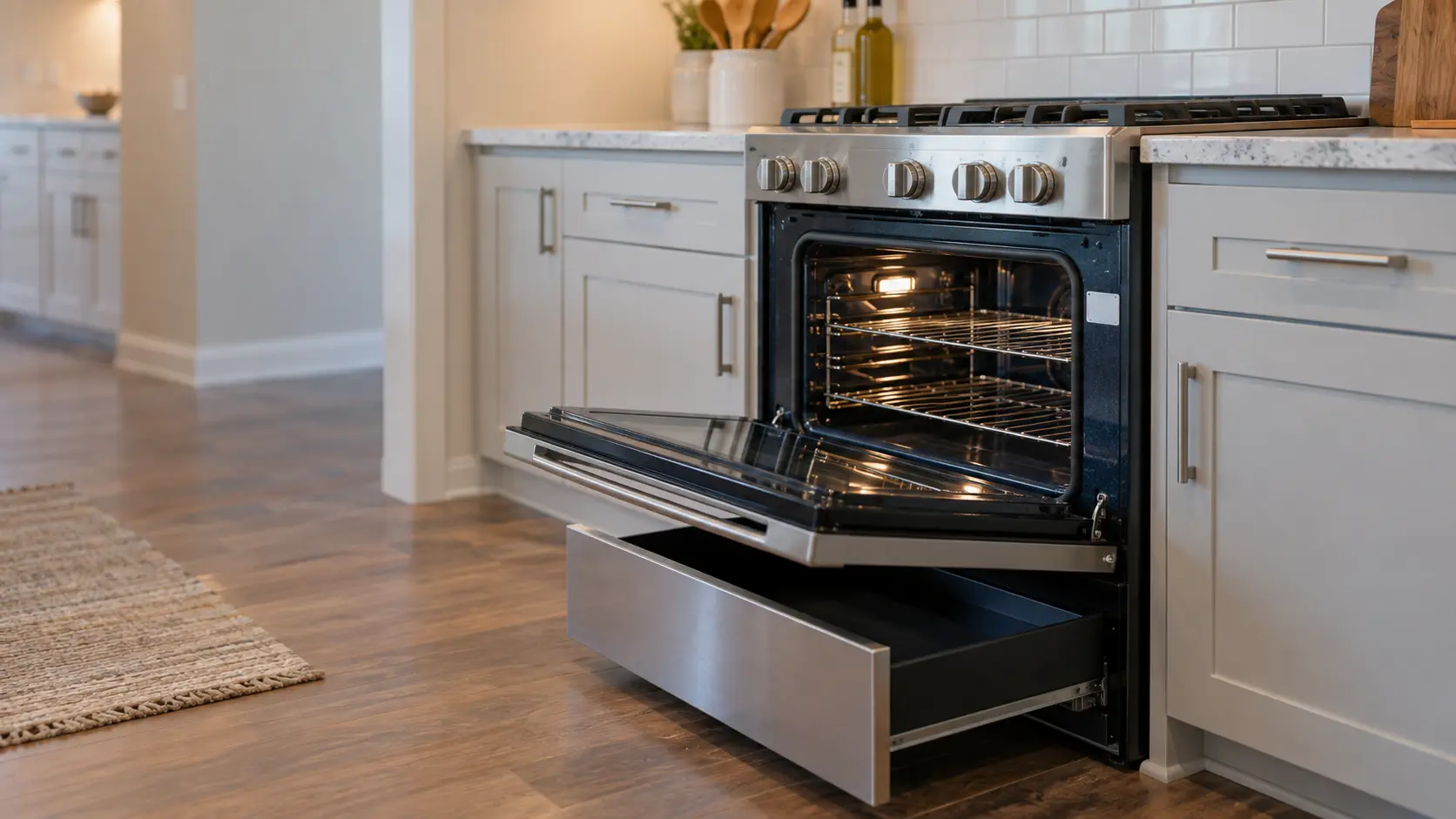 A freestanding range in a US home kitchen with its oven door lowered and its storage drawer pulled out, a small silver tag visible on the oven's front frame.