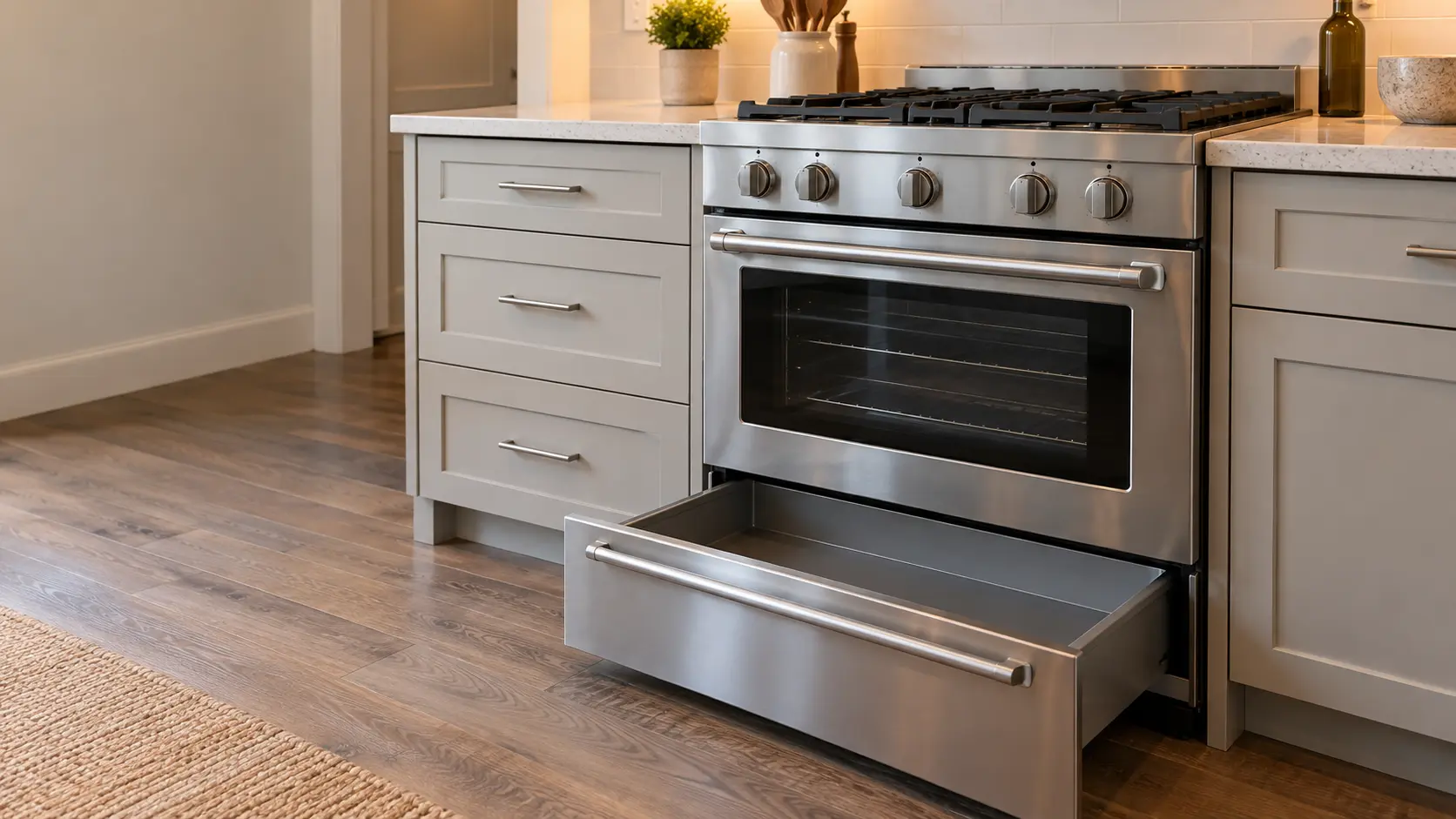 A freestanding gas range in a tidy US home kitchen with its storage drawer pulled fully open, the drawer empty and the knobs all at off.