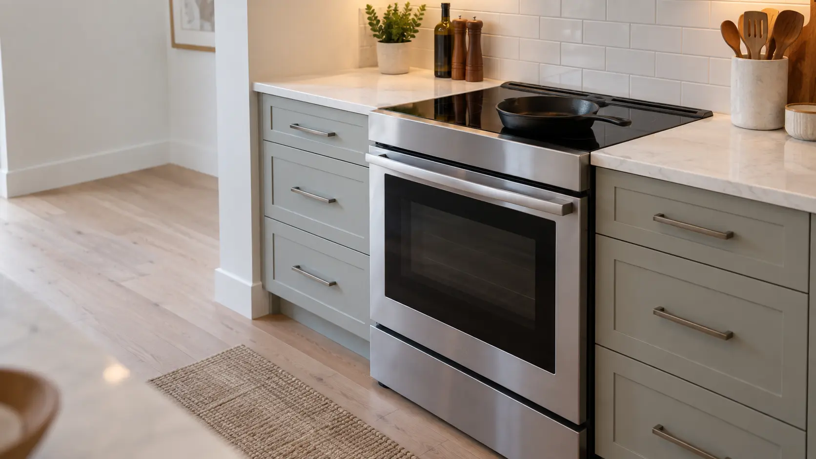 A slide-in induction range with a flat black glass top in a bright US home kitchen, a cast-iron skillet sitting on one front zone while the other zones stay bare and dark.