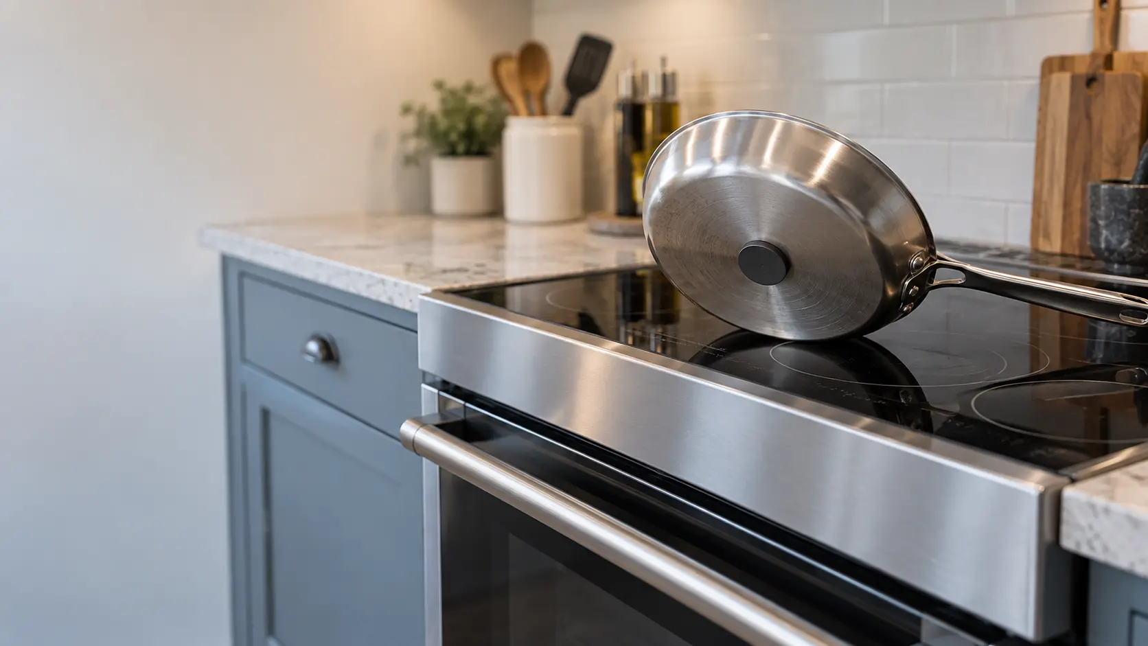 Close on a steel pan sitting on a black induction zone of a range, a fridge magnet stuck to the pan's base.