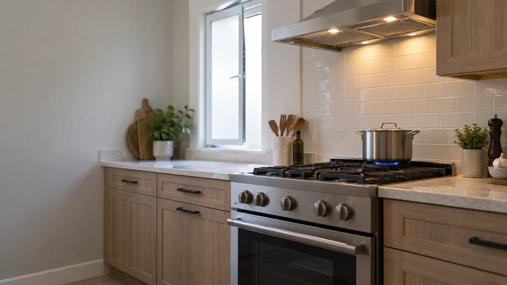 A freestanding gas range in a US home kitchen with a pot simmering on a rear burner over a small, even blue flame, the hood above it lit and running and the window beside it open a few inches.