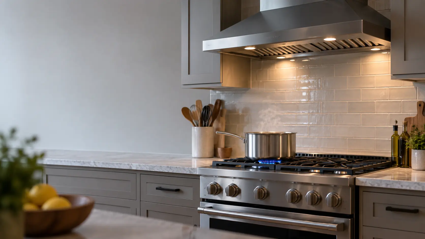 Close on a range hood fan running over a gas range with a pot simmering on a low blue flame.