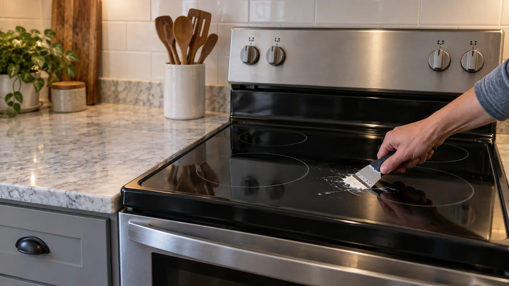 A hand holding a single-edge razor scraper at a low angle against a dab of cleaning cream on the cool, smooth black glass top of a freestanding electric range in a US home kitchen, every knob set to off.