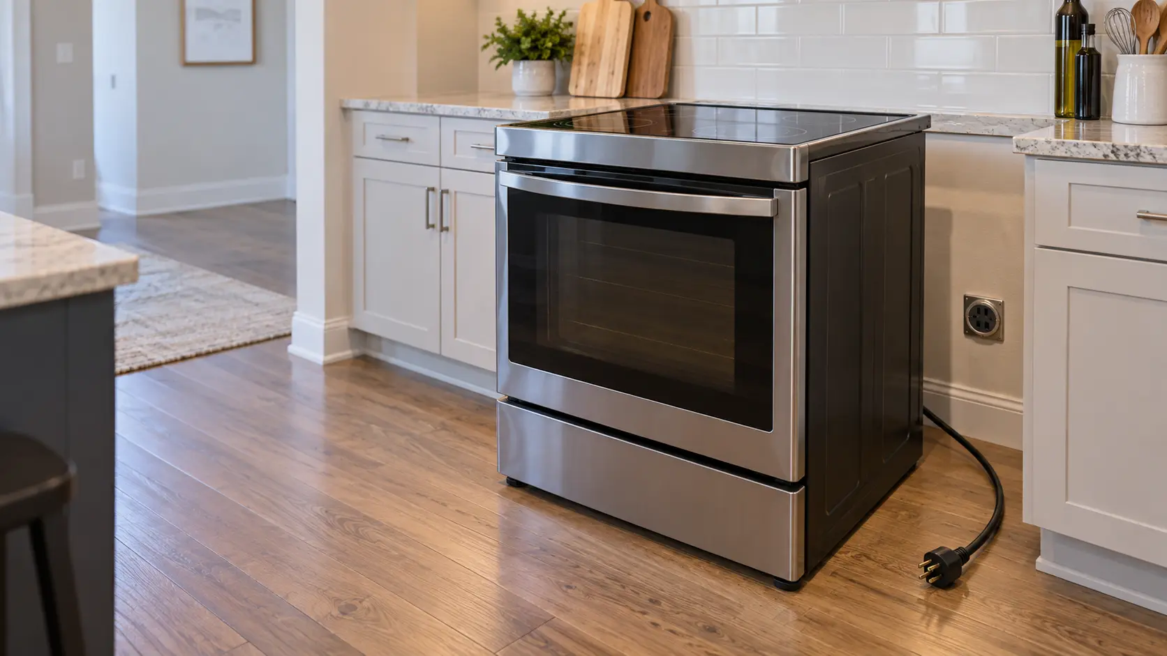 A freestanding electric range with a smooth black glass top pulled forward from its gap in a US home kitchen, a four-slot range receptacle visible low on the wall behind it and the power cord lying loose on the floor.