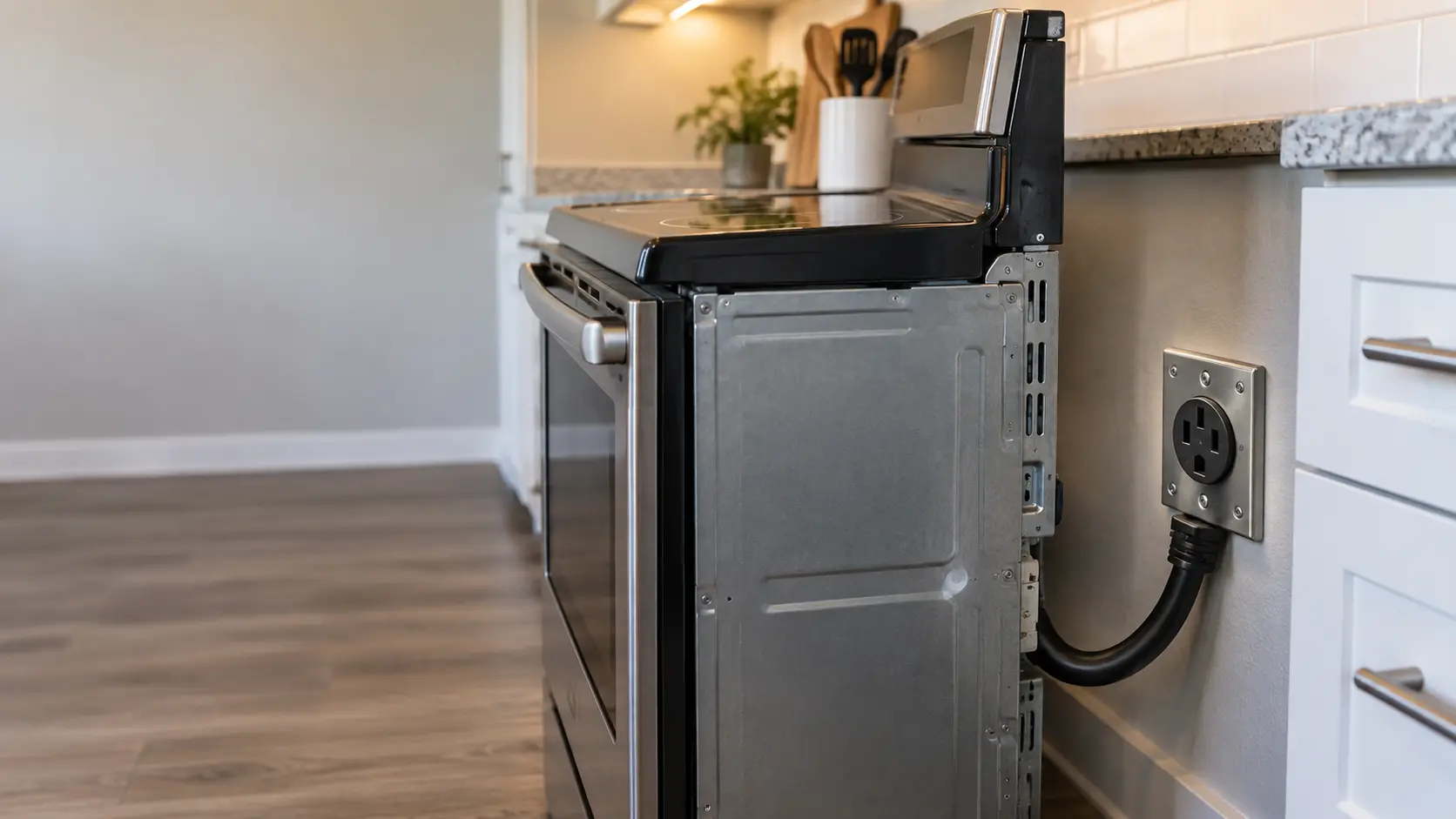 Close on a four-prong range outlet in the wall behind a pulled-out electric range.