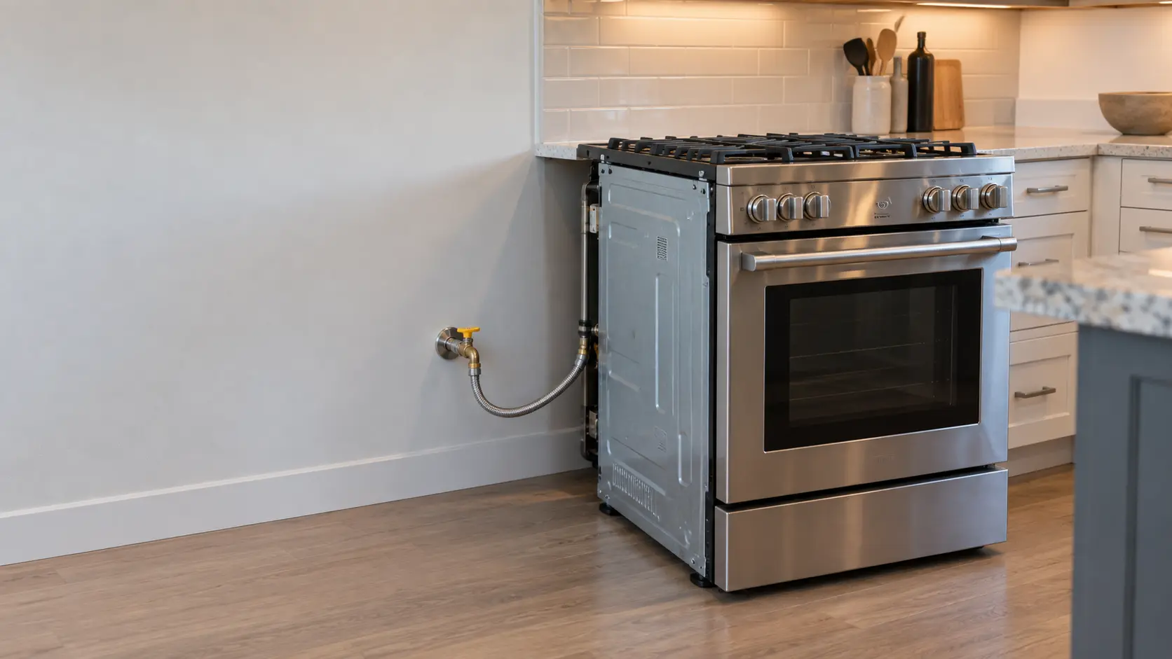 A freestanding gas range pulled a short way out from the wall in a US home kitchen, showing a stainless steel gas connector looping from a shutoff valve on the wall to the back of the range, with nobody in the room.