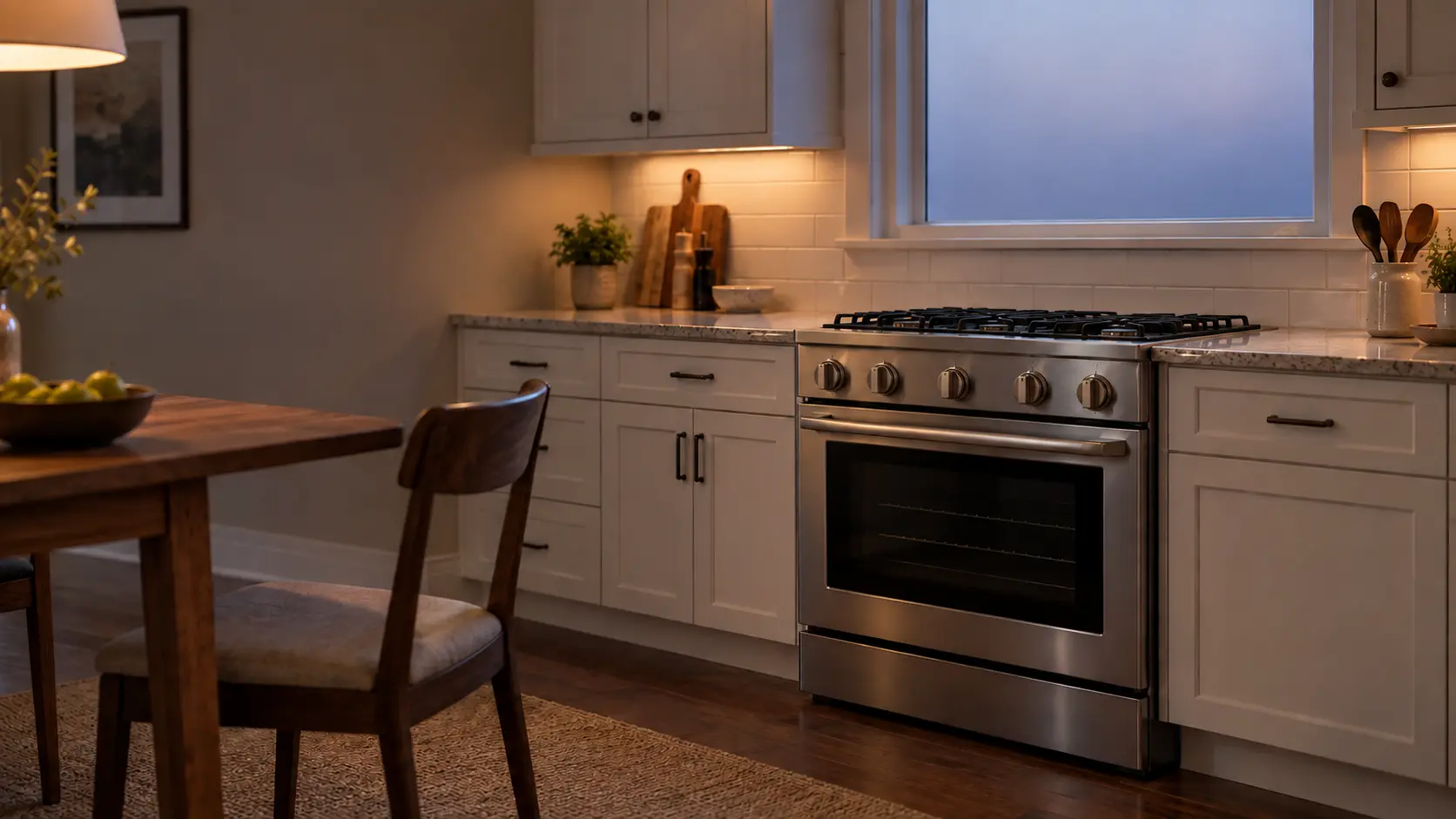 A slide-in gas range under a window at dusk in an empty US home kitchen, every knob at off and the grates bare, a chair pushed back from the table as if someone has just left the room.