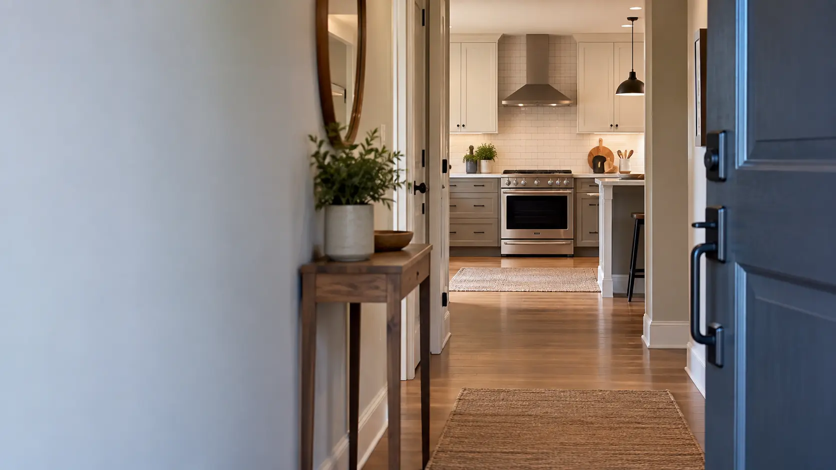 A house's front door standing open, a kitchen with a gas range visible down the hallway.