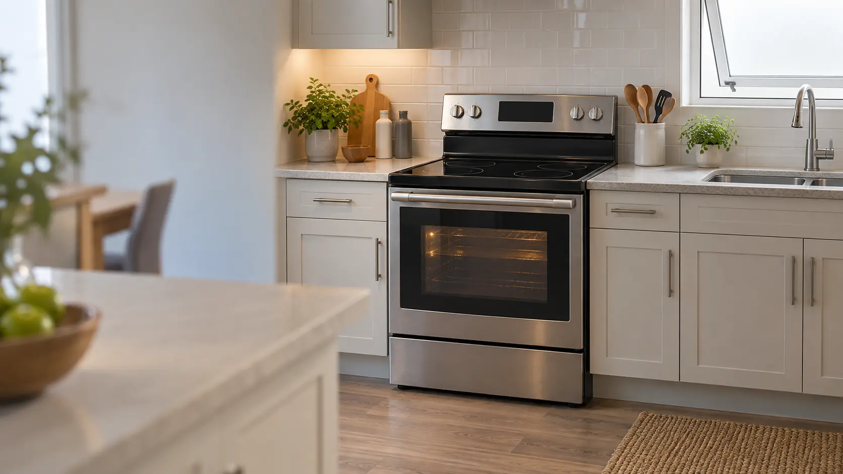 A freestanding electric range in a US home kitchen with its oven door shut and locked for a cleaning cycle, the smooth glass top completely bare, and the window above the nearby sink propped open for fresh air.