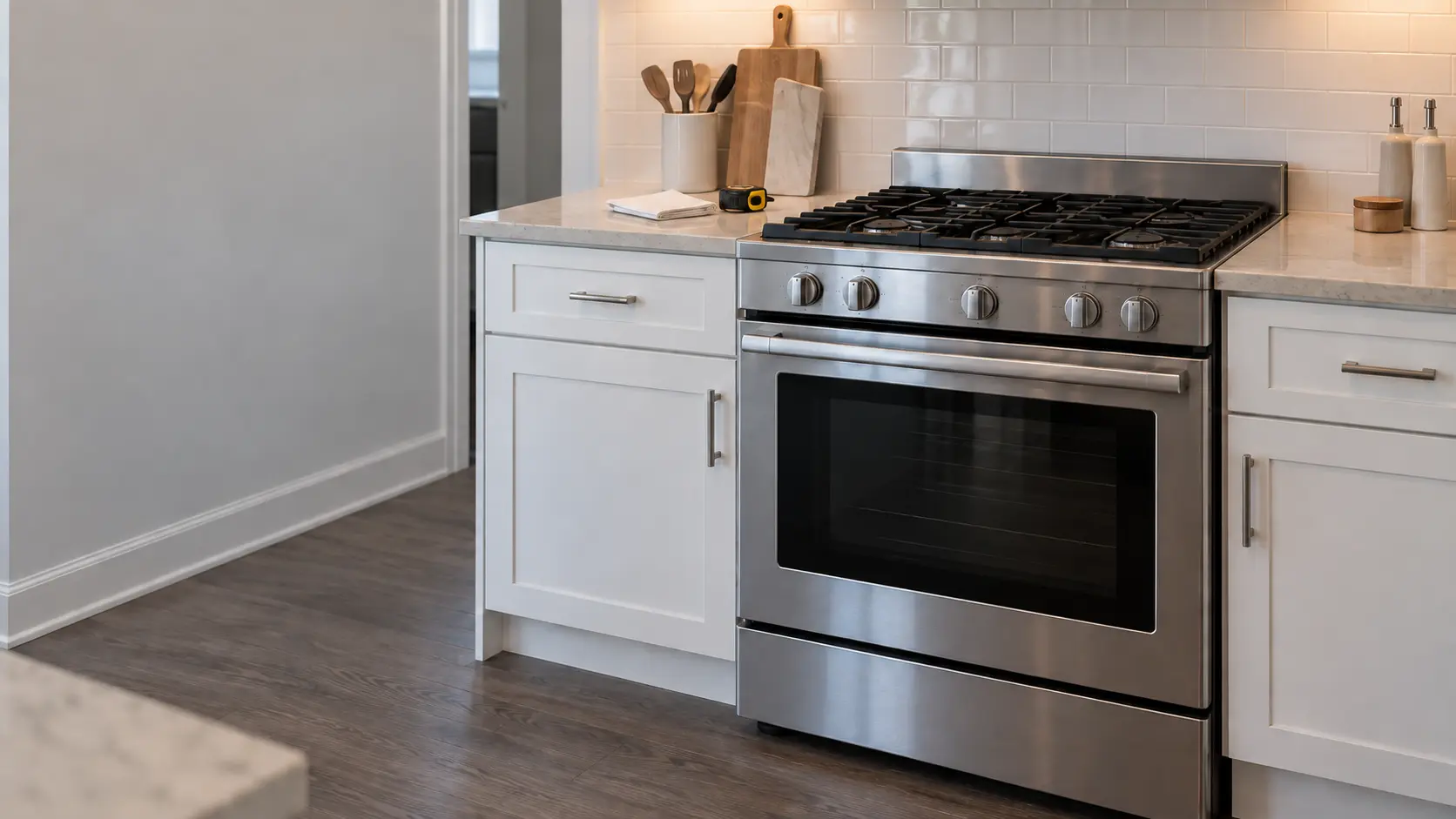 A stainless freestanding gas range standing in its gap between white shaker cabinets in a US home kitchen, burners off and oven door closed, with a folded paper estimate and a tape measure resting on the counter beside it.