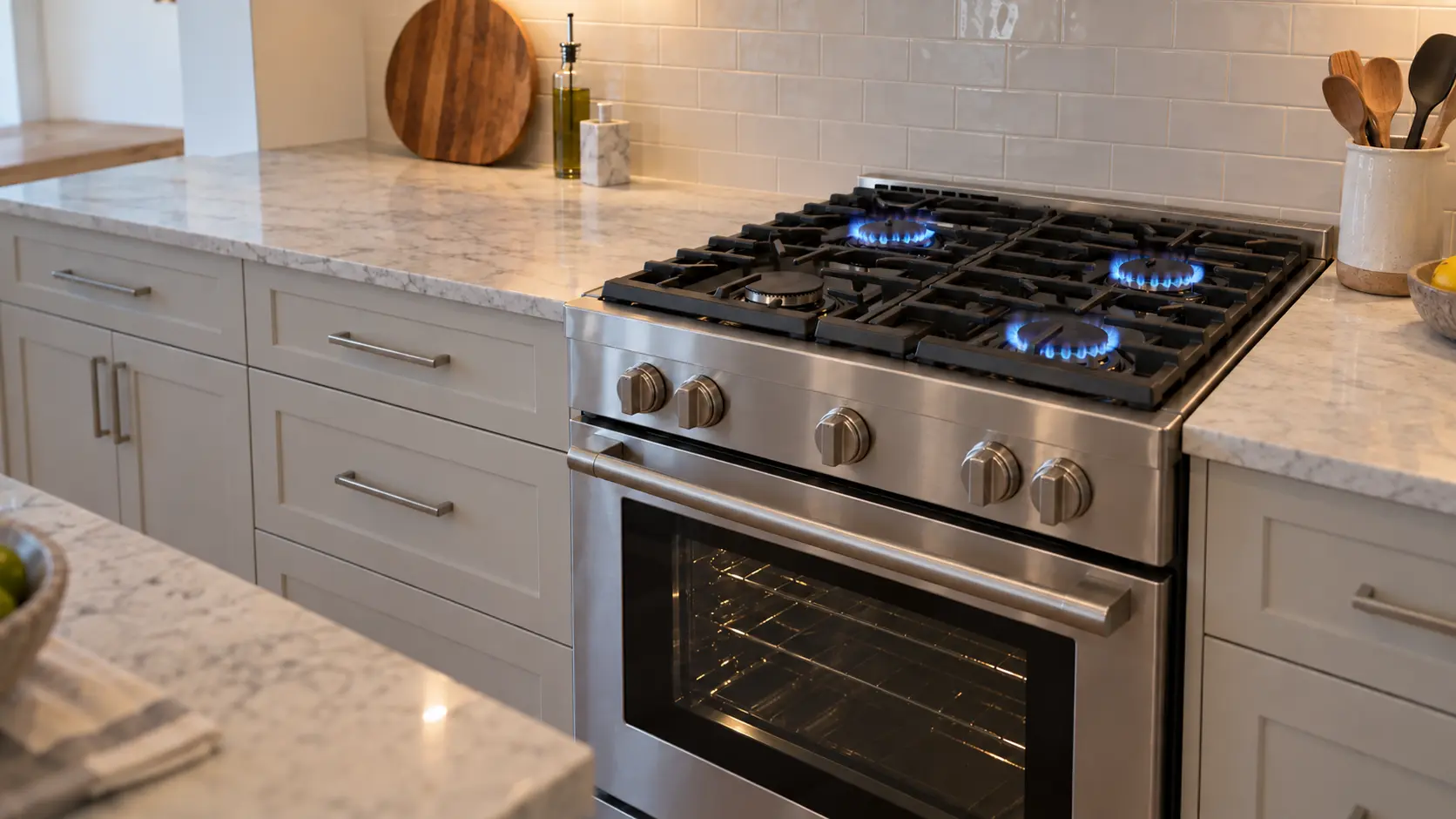 A slide-in gas range in a bright US home kitchen with three burners burning in even blue rings and the front left burner unlit, its cap and grate in place.