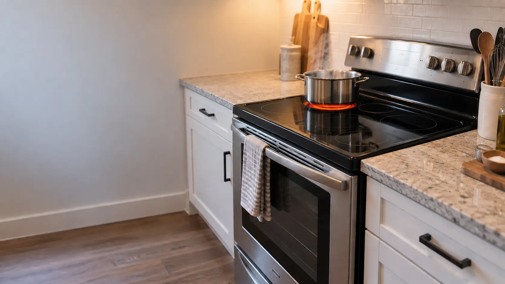 A freestanding electric range with a black smooth glass top in a US home kitchen, one rear ring glowing orange under a steaming pot while the front ring beside it stays dark.