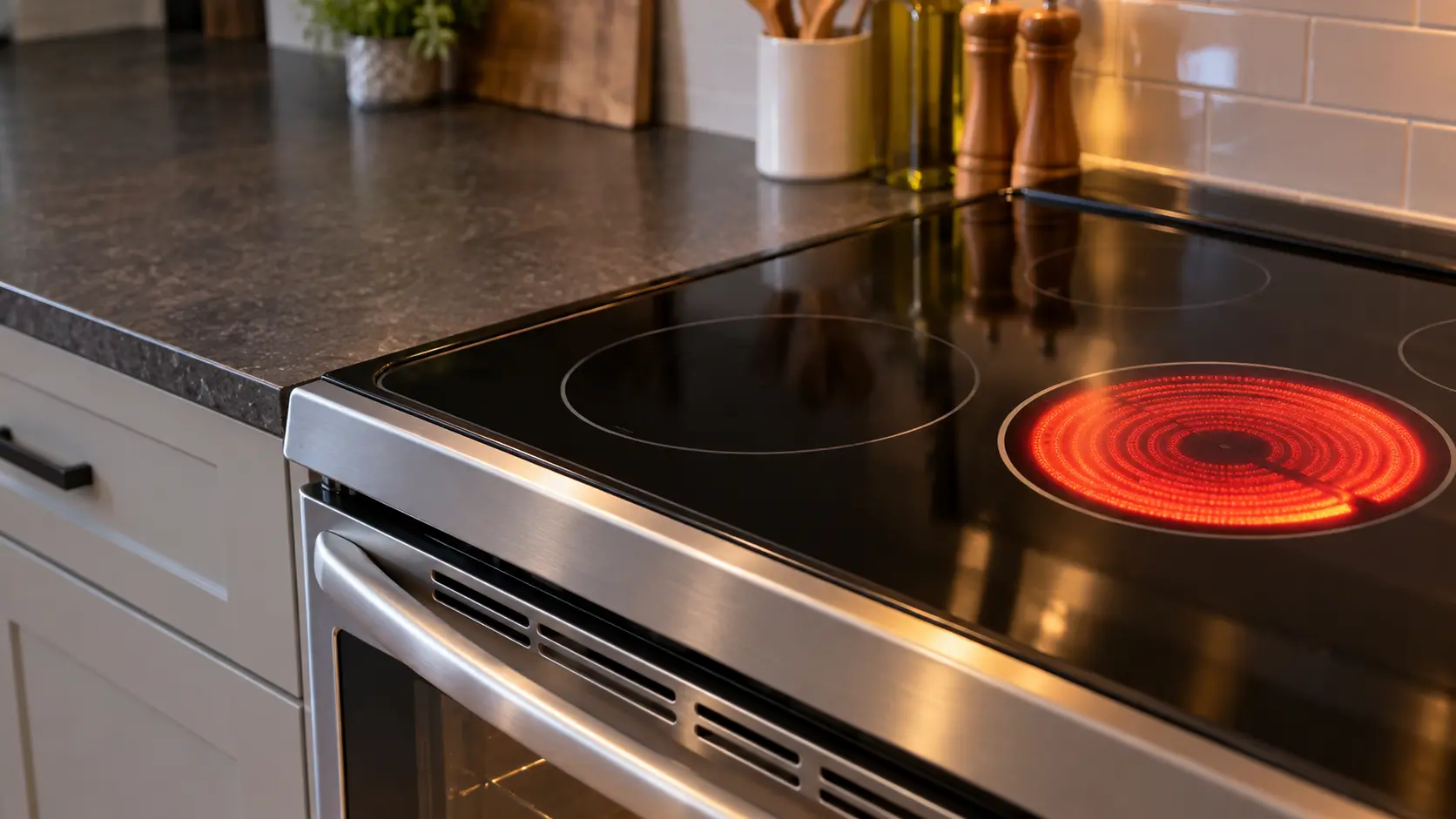 Close on one dark radiant zone of a glass range top beside a glowing one.