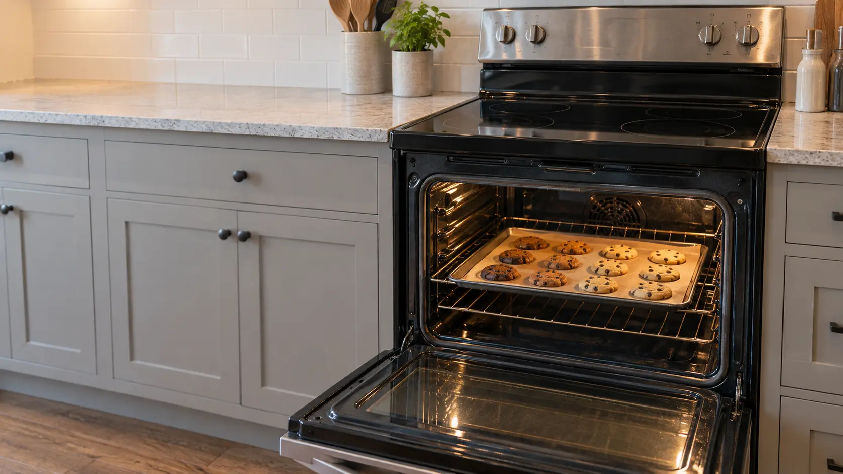 A freestanding electric range in a US home kitchen with its oven door open and a sheet of cookies on the center rack, browned darker along one side than the other.