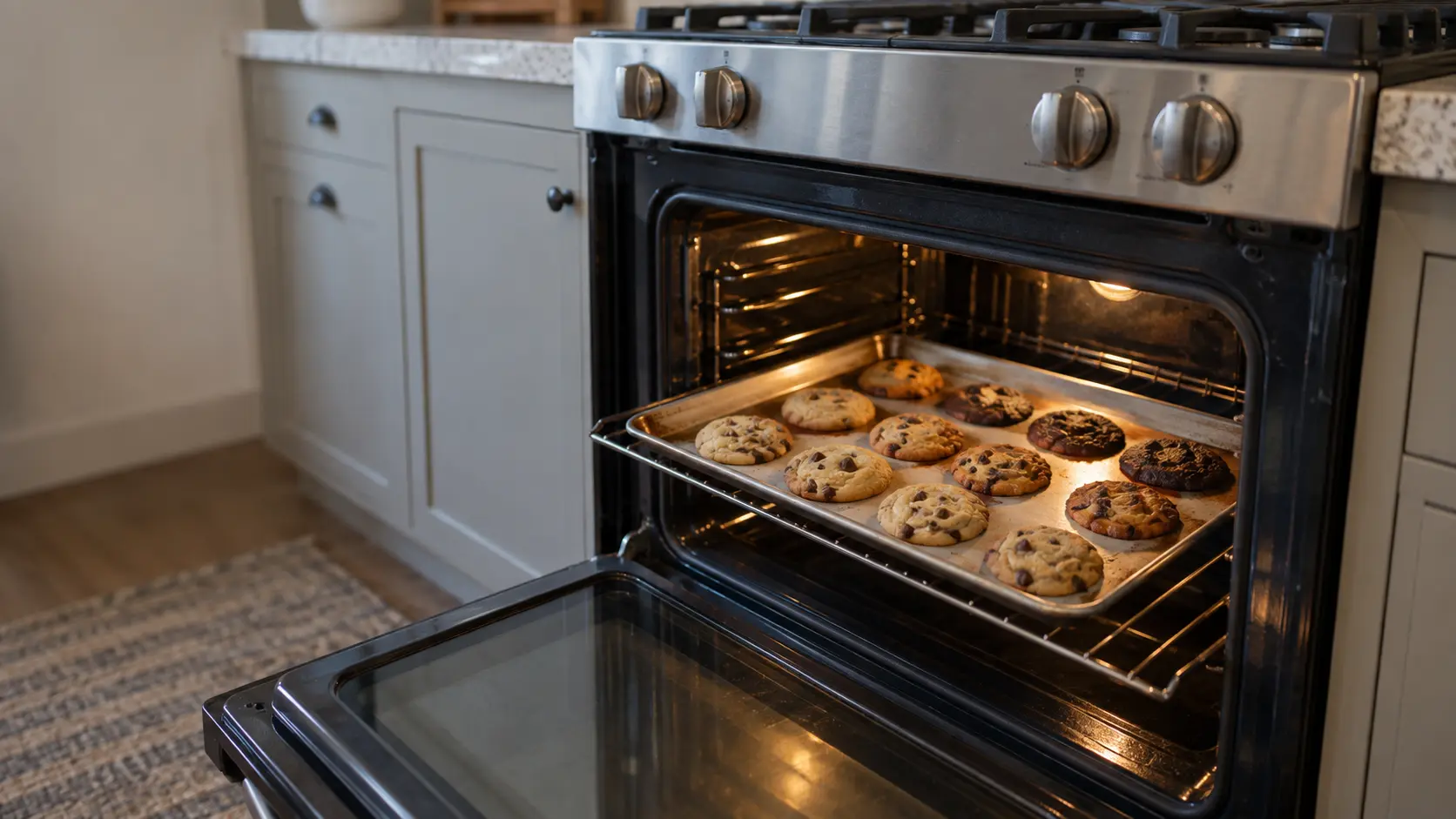 Close on a sheet of cookies unevenly browned on the rack of an open range oven.