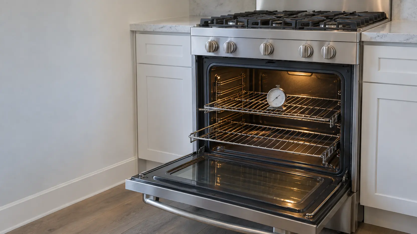 An open range oven with its racks pulled out and an oven thermometer on the middle rack.