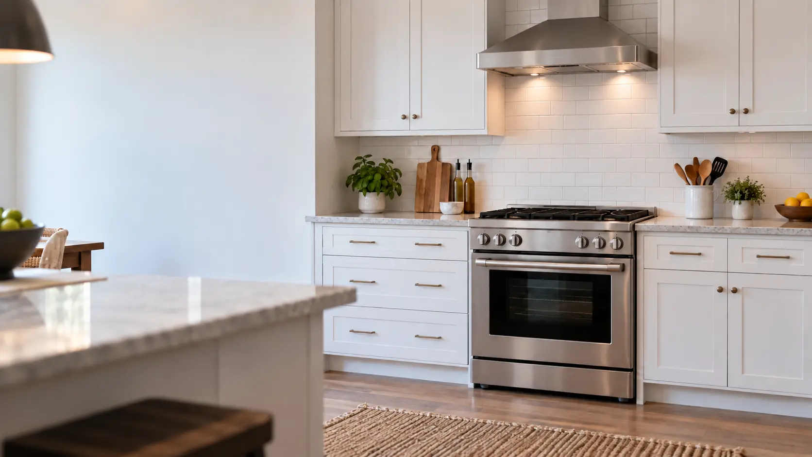 A bright family kitchen with a gas range under a hood, seen from across the room.