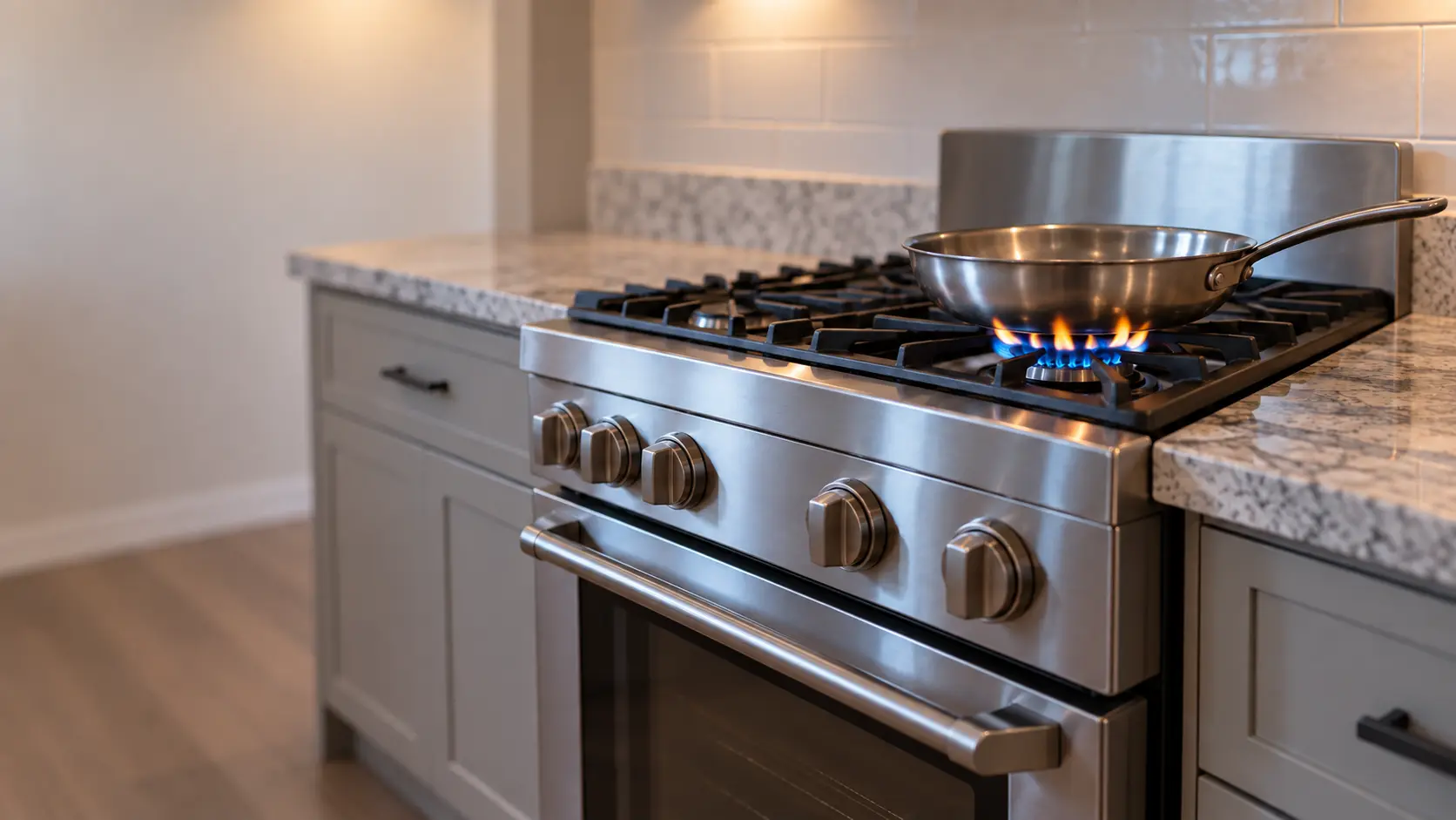 A gas range burner with an uneven, yellow-tipped flame under an empty pan.